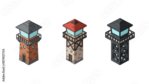 Three cartoon isometric guard towers with different architectural styles and materials