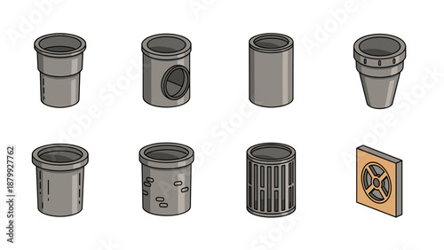 Set of isometric sewer pipes and drainage components in a clean vector illustration