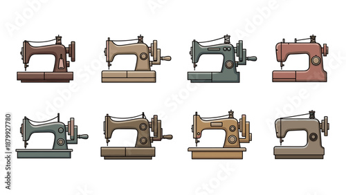 Collection of vintage sewing machine illustrations in various colors and styles