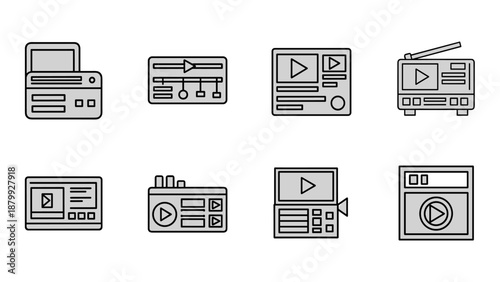 Collection of flat design icons representing various audio and video equipment and interfaces