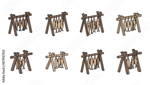 Collection of cartoon fish drying racks with various fish hanging to cure