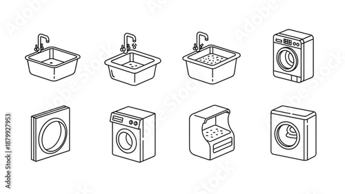Collection of isometric line art icons for laundry and washing appliances and sinks