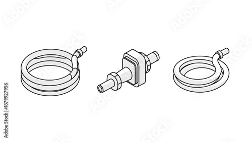 Set of three isometric line art illustrations of plumbing fittings and coiled hoses