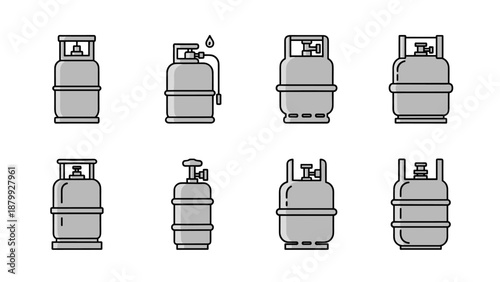 Collection of eight different stylized gas cylinder icons with clean lines and gray tones