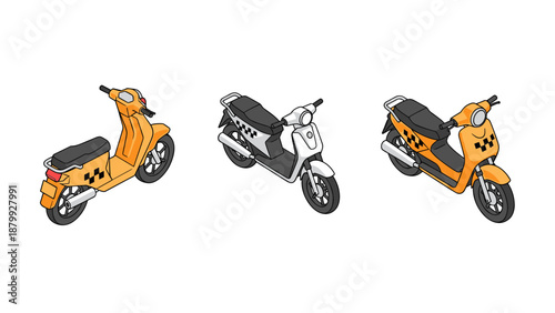 Three isometric scooters, two orange and one white, with taxi markings