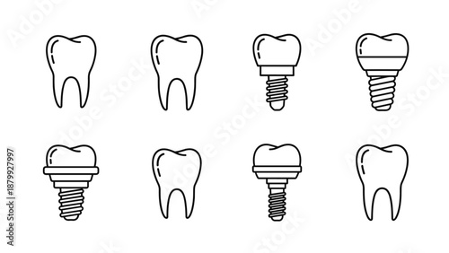 Set of dental implants and natural teeth icons in a clean, modern line art style