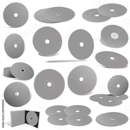 Canvas Print Grey abstract CD disks and boxes on white background.