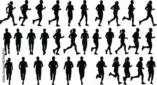 running people silhouette set, jogging men women collection, fitness exercise motion poses, isolated black vector illustration
