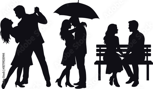Romantic Moments: Silhouettes of couples expressing their emotions in dance, under an umbrella, and on a bench, a captivating scene of romantic expressions.