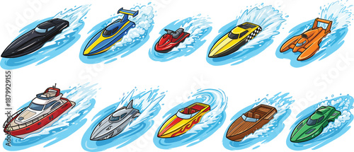 Speedboat And Powerboat Illustration Set, Racing Motorboats And Luxury Watercraft Collection, High Speed Marine Vehicles On Water