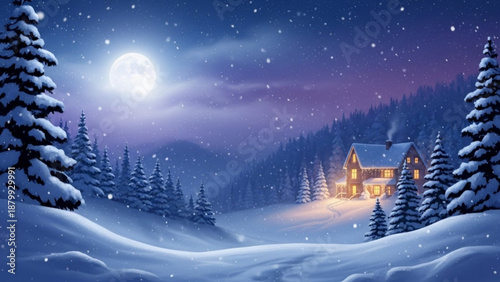 Cozy snow covered house under a bright moonlit night sky