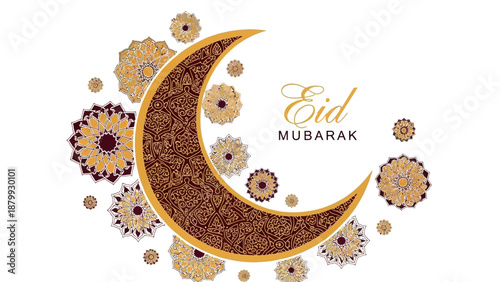 Eid Mubarak illustration with crescent moon and floral patterns in gold, brown, and maroon hues on a white background, featuring a decorative frame and star elements.
