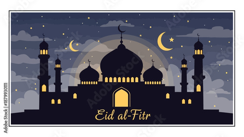 Eid al-Fitr illustration of a mosque under a starry night sky with crescent moons and a full moon, featuring a decorative frame with a dark blue background and warm yellow lights.