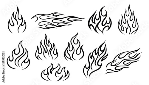 Stylized line art fire element set featuring various flame shapes for graphic design and tattoos