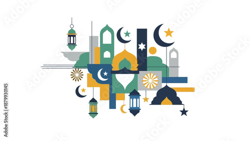 A colorful illustration of Eid Mubarak or Eid Fitr decorations featuring a mosque, crescent moon, stars, and lanterns in a vibrant composition with a mix of blue, green, yellow, and white