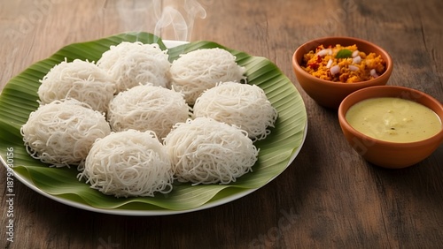 Authentic Sri Lankan String Hoppers Breakfast with Pol Sambol on Banana Leaf