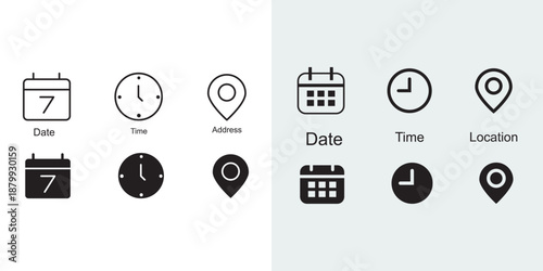 Calendar, Location pin, time icon set. Interface icons. address location pointer and alarm bell. Notice alert sign. business schedule and office time clock. Event icons 