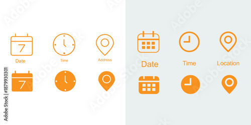 Calendar, Location pin, time icon set. Interface icons. address location pointer and alarm bell. Notice alert sign. business schedule and office time clock. Event icons 