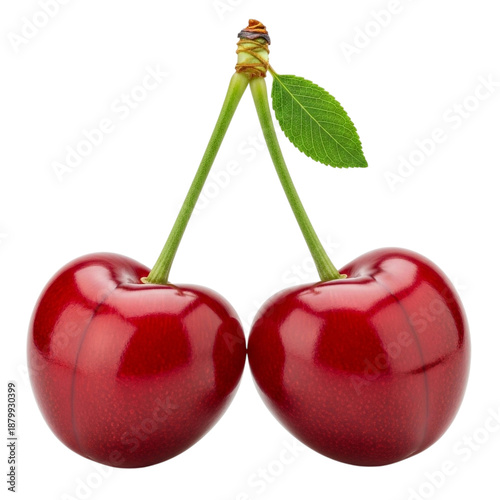 Two ripe red cherries with green stem and leaf isolated on transparent background