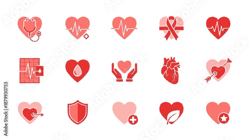 Collection of Heart Icons Representing Health and Care.
