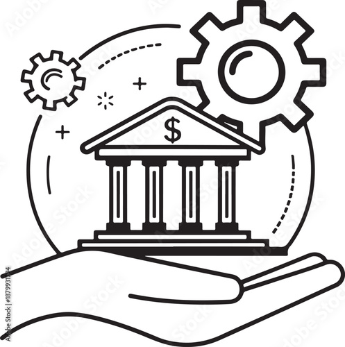 Financial institution protected by hand with gear and cogwheel
