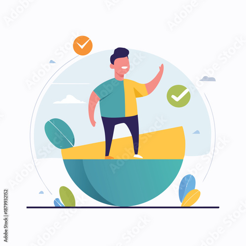 A cheerful, well-balanced person stands confidently on a playful, abstract shape, symbolizing success and achievement with a positive outlook