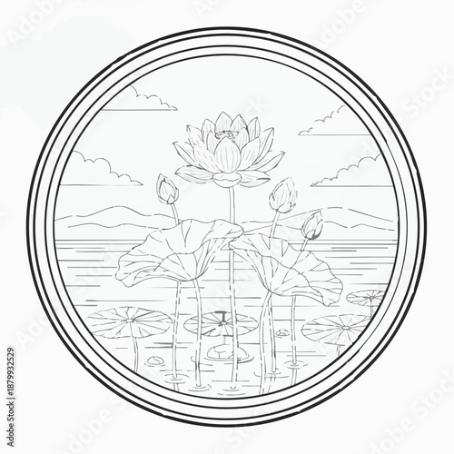 Water lily coloring book page design.