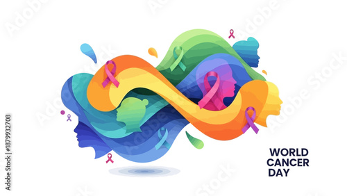 Colorful illustration for World Cancer Day with a ribbon and people, symbolizing health and awareness on a white background with vibrant, swirling patterns.
