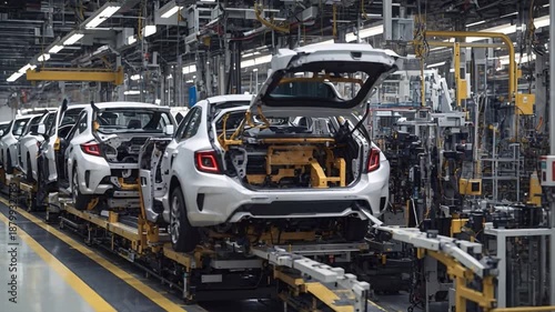 Workers are assembling vehicles on a production line in a factory. This process occurs during daylight hours inside a large manufacturing space. The vehicles are in various stages of assembly