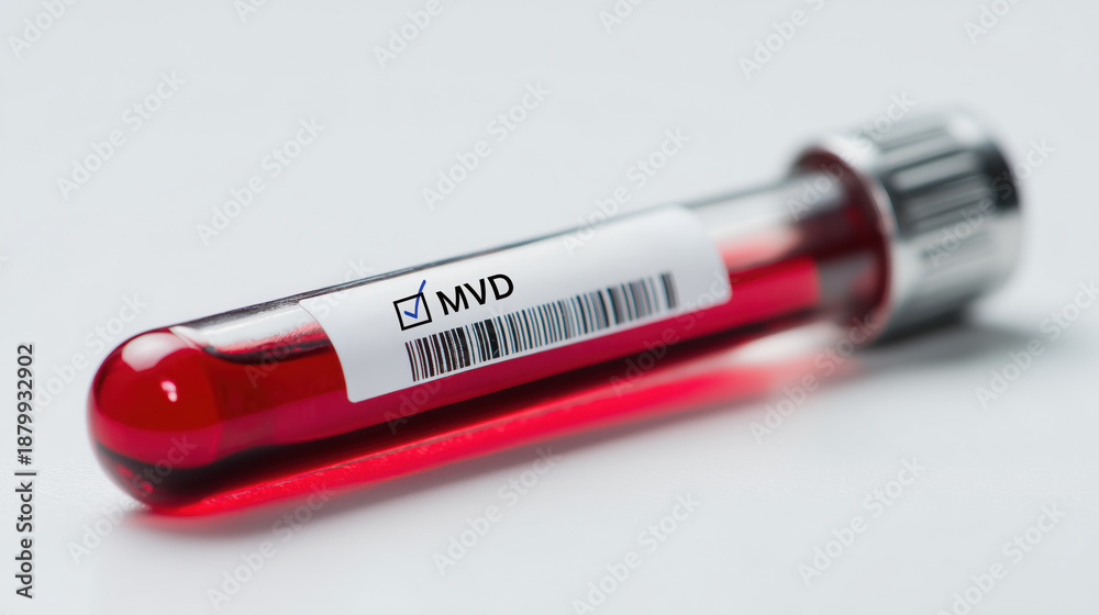 Obraz premium Laboratory glass test tube with red blood sample for mvd Marburg virus medical analysis lying on white surface in clinical environment