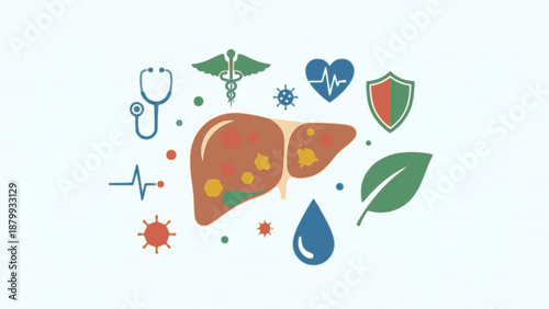 Healthy Liver Illustration with Medical Symbols and Natural Elements Surrounding Anatomical Organ
