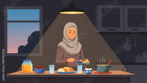 Muslim Woman Enjoying a Meal at Home, Preparing Food at the Kitchen Table at Night
