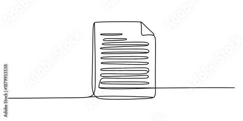 One continuous line drawing of a document with text lines representing information or agreement Vector, illustration