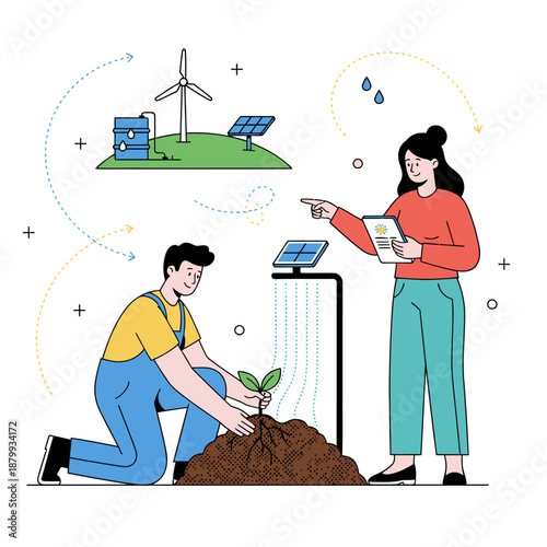 Farmers Implementing Climate Smart Agriculture Practices with Carbon Sequestration Precision Irrigation and Sustainable Soil Management for Environmental Conservation Flat Vector Illustration
