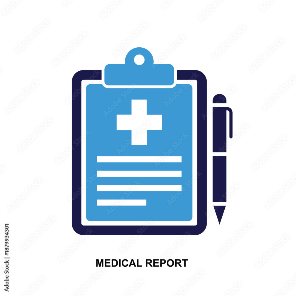 Fototapeta premium Medical report vector icon with clipboard and pen for healthcare documentation
