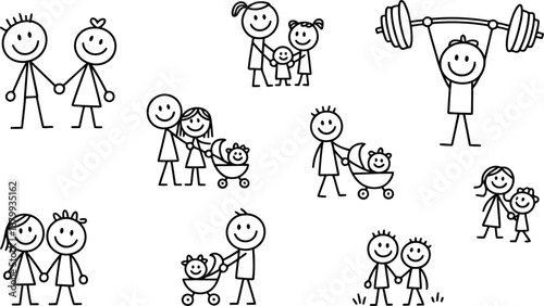 Diverse stick figure characters depict various family situations and individual activities together