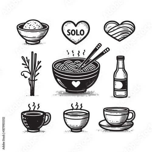 hand drawn line art icons singles day casual dining solo heart and food