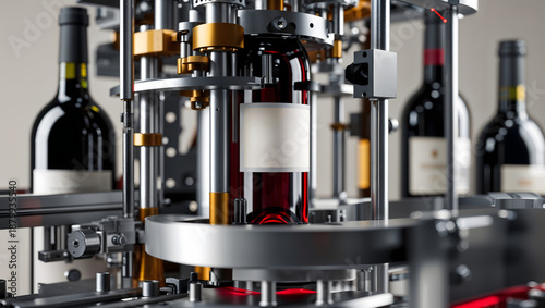 Intricate image of an industrial machine applying labels to glass wine bottles with metallic details and sharp focus under light generative AI