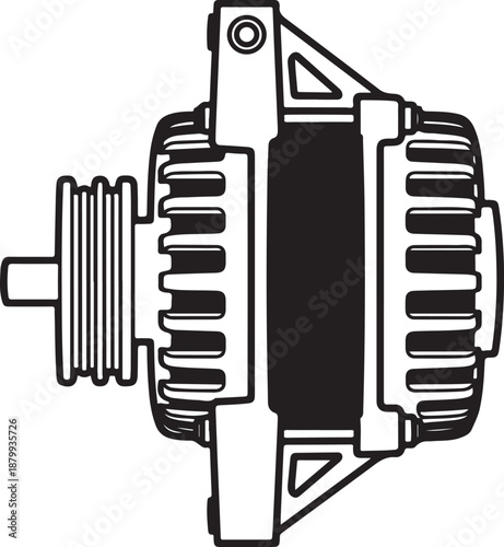 Automotive alternator line art illustration showing vehicle electrical power generator part isolated on transparent background for repair services