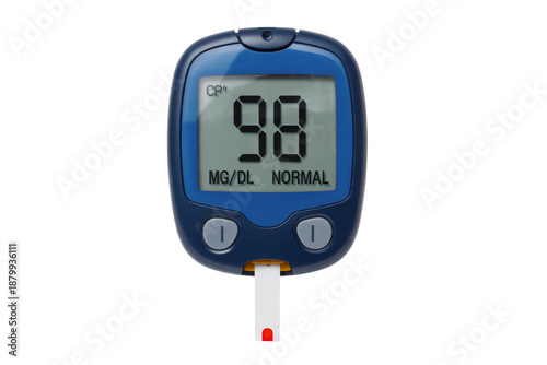 Blood glucose meter displaying normal reading isolated on transparent background