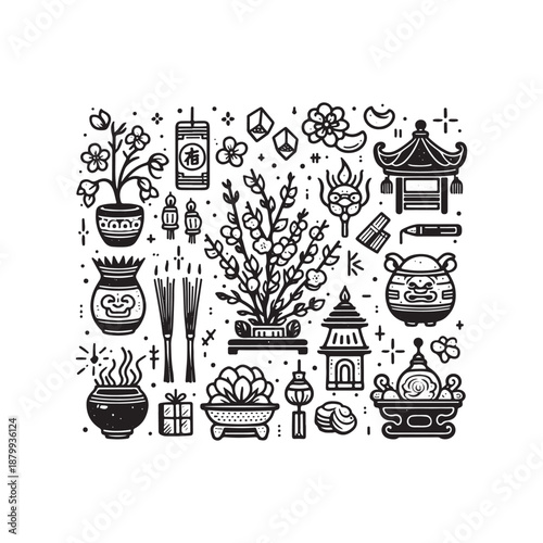 hand drawn line art icons vietnamese tet ancestral altar incense and gifts