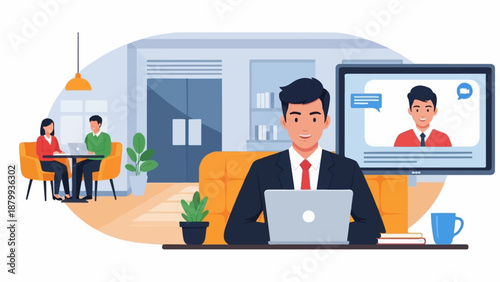 Businessman in suit works on laptop, colleagues collaborate and chat online