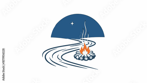 Campfire by a winding path under a starry night sky