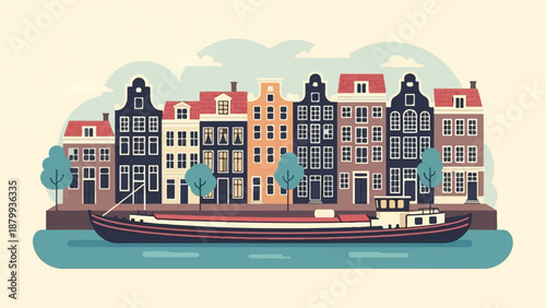 Canal houses and a barge under a cloudy sky