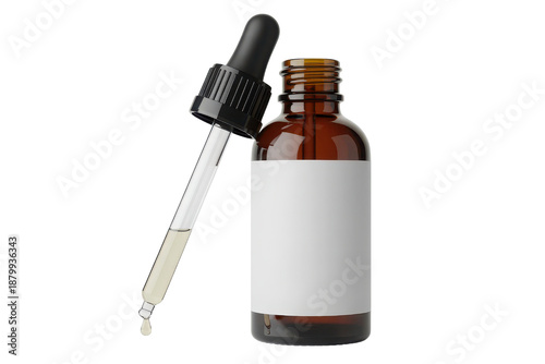 Brown glass bottle with dropper isolated on transparent background