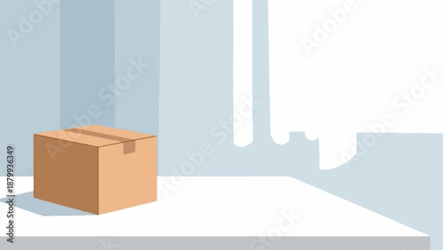 Cardboard box on a white surface against a light blue background