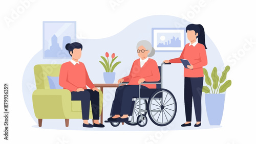 Caregiver assists elderly woman in wheelchair with companion nearby