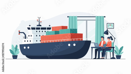 Cargo ship with people working remotely near a window