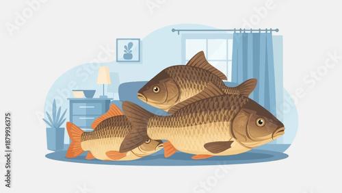 Carp in a surreal indoor scene