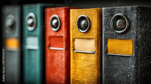 Folder spine index strip close up symbolizing legal organization justice balance accountability transparency authority law stability equity and systematic record keeping